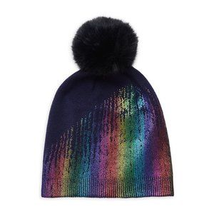 Adrienne Landau Metallic Knit & Faux Fur Pom-Pom Beanie